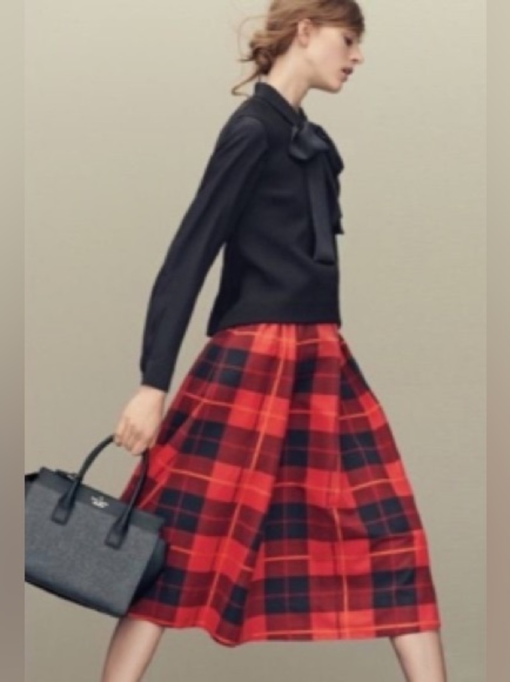 Kate Spade Red Black Plaid Full Midi Skirt Cotton Silk Blend - Size 6